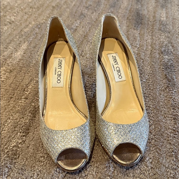 Jimmy Choo Isabel Champagne Glitter Peep Toe Heels - Picture 4 of 6